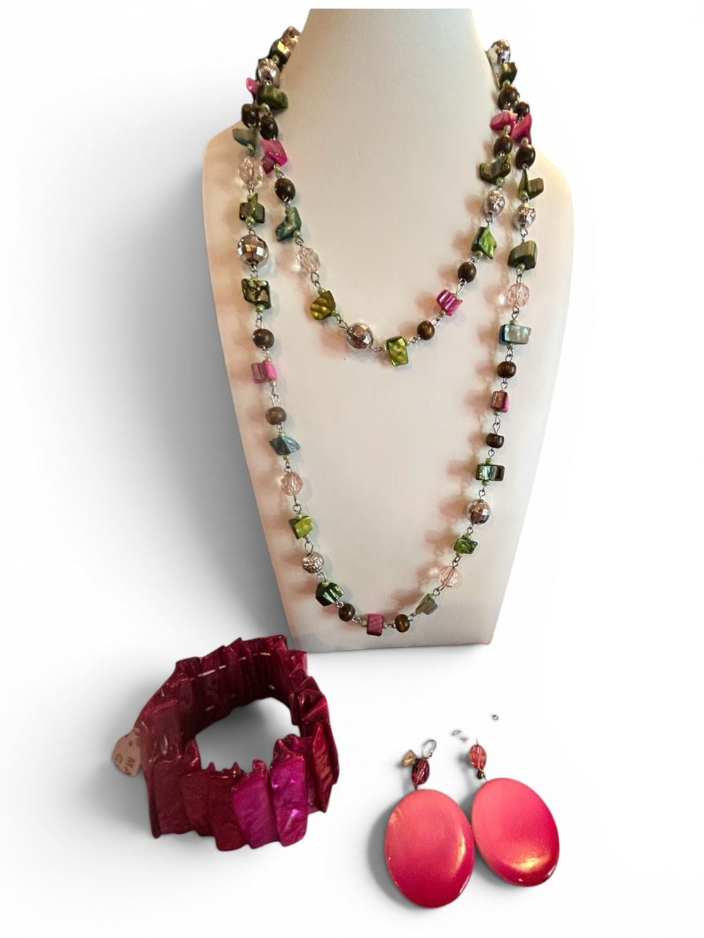 Long Glass Bead Necklace with Pink Earrings and Bracelet